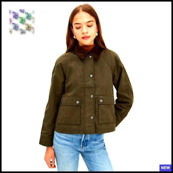 Waxed Canvas Barn Jacket Zip Front Corduroy Trim Classic Preppy Outerwear - Picture 1 of 6